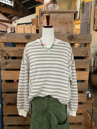 Striped Waffle Top Pullover