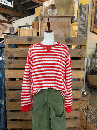 Striped Waffle Top Pullover