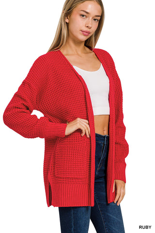 Red Waffle Knit Pocket Cardigan-ZENANA-Stuffology - Where Vintage Meets Modern, A Boutique for Real Women in Crosbyton, TX