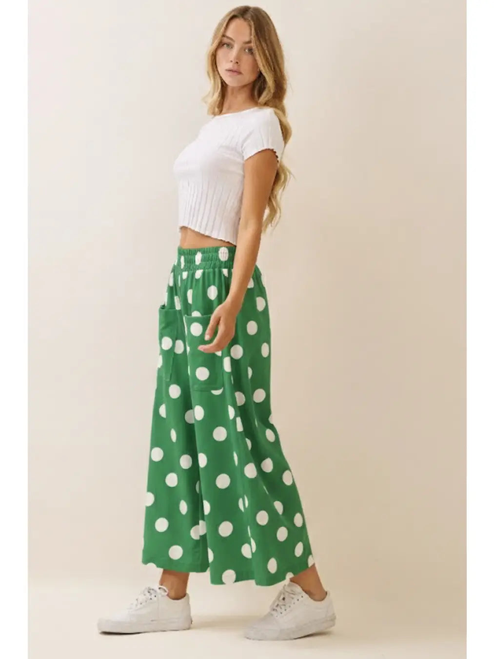 Elastic Waist Green Polka Dot Pants-Pants-Oddi-Stuffology - Where Vintage Meets Modern, A Boutique for Real Women in Crosbyton, TX