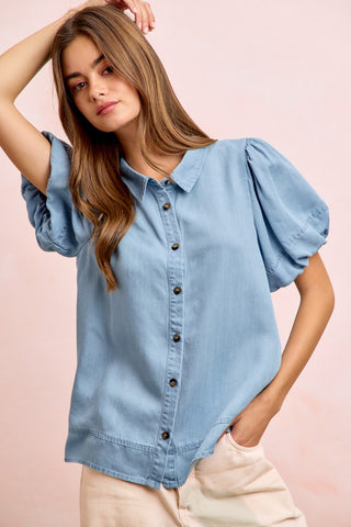 Puff Sleeve Button-Down Top-Blouse-BiBi-Stuffology - Where Vintage Meets Modern, A Boutique for Real Women in Crosbyton, TX