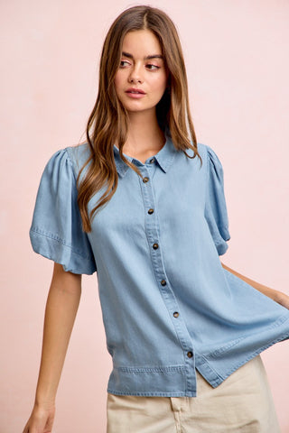 Puff Sleeve Button-Down Top-Blouse-BiBi-Stuffology - Where Vintage Meets Modern, A Boutique for Real Women in Crosbyton, TX