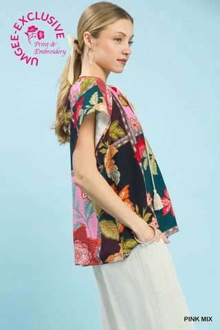 Floral Patchwork Tassel Tie Top-Blouse-Umgee-Stuffology - Where Vintage Meets Modern, A Boutique for Real Women in Crosbyton, TX