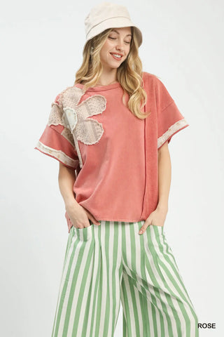 French Terry Floral Rose Top-Top-Umgee-Stuffology - Where Vintage Meets Modern, A Boutique for Real Women in Crosbyton, TX