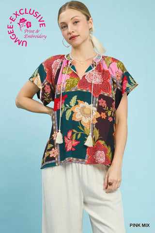 Floral Patchwork Tassel Tie Top-Blouse-Umgee-Stuffology - Where Vintage Meets Modern, A Boutique for Real Women in Crosbyton, TX