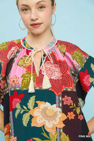 Floral Patchwork Tassel Tie Top-Blouse-Umgee-Stuffology - Where Vintage Meets Modern, A Boutique for Real Women in Crosbyton, TX