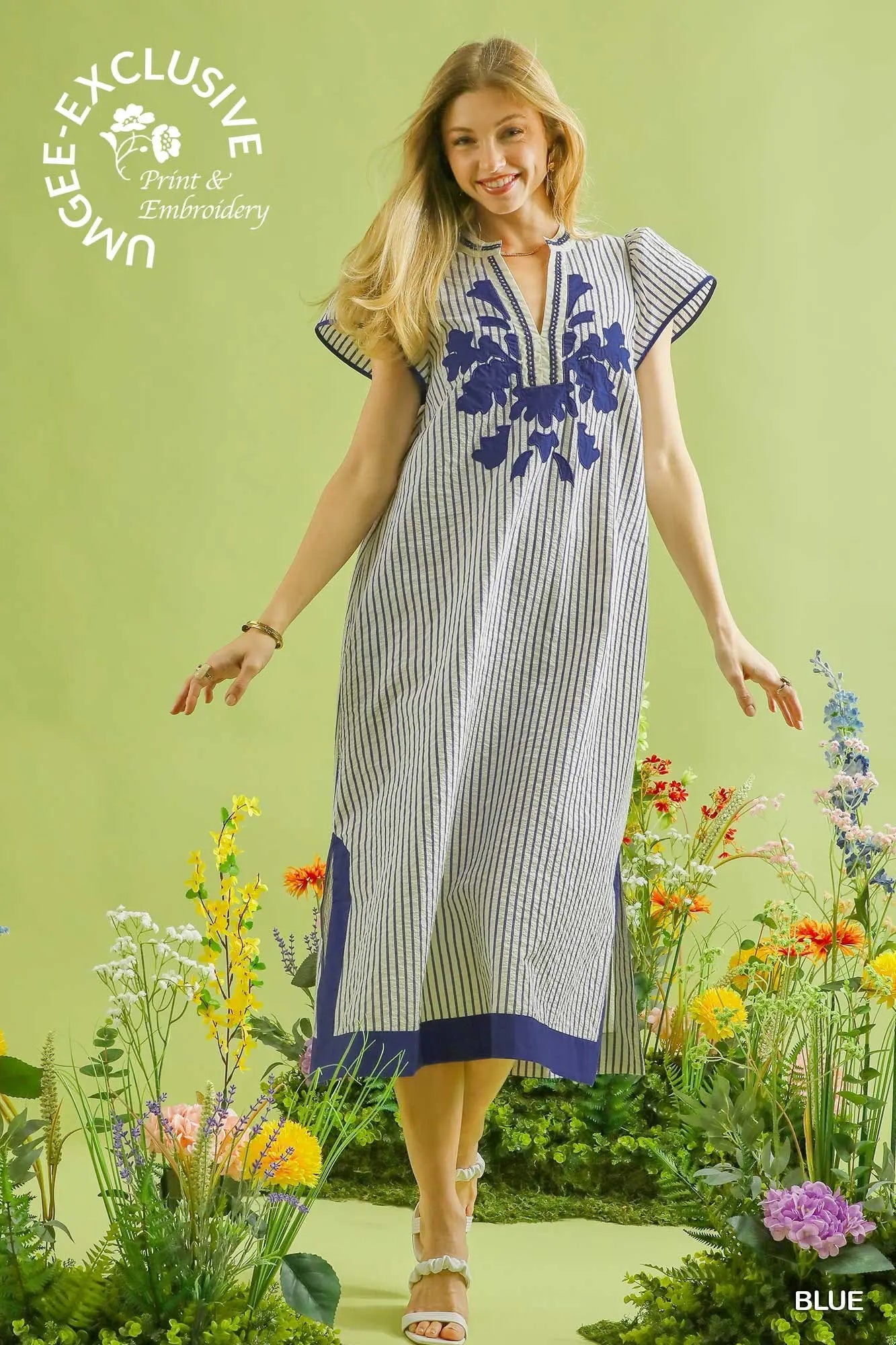 Wildflowers on the Rim Blue Stripe Embroidered Midi Dress-Dresses-Umgee-Stuffology - Where Vintage Meets Modern, A Boutique for Real Women in Crosbyton, TX