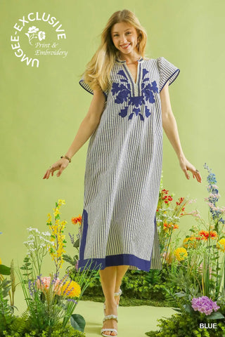 Blue Stripe Embroidered Midi Dress-Dresses-Umgee-Stuffology - Where Vintage Meets Modern, A Boutique for Real Women in Crosbyton, TX