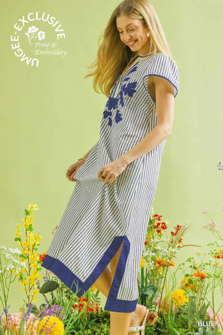 Blue Stripe Embroidered Midi Dress-Dresses-Umgee-Stuffology - Where Vintage Meets Modern, A Boutique for Real Women in Crosbyton, TX