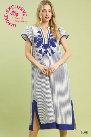 Blue Stripe Embroidered Midi Dress-Dresses-Umgee-Stuffology - Where Vintage Meets Modern, A Boutique for Real Women in Crosbyton, TX