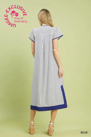 Blue Stripe Embroidered Midi Dress-Dresses-Umgee-Stuffology - Where Vintage Meets Modern, A Boutique for Real Women in Crosbyton, TX