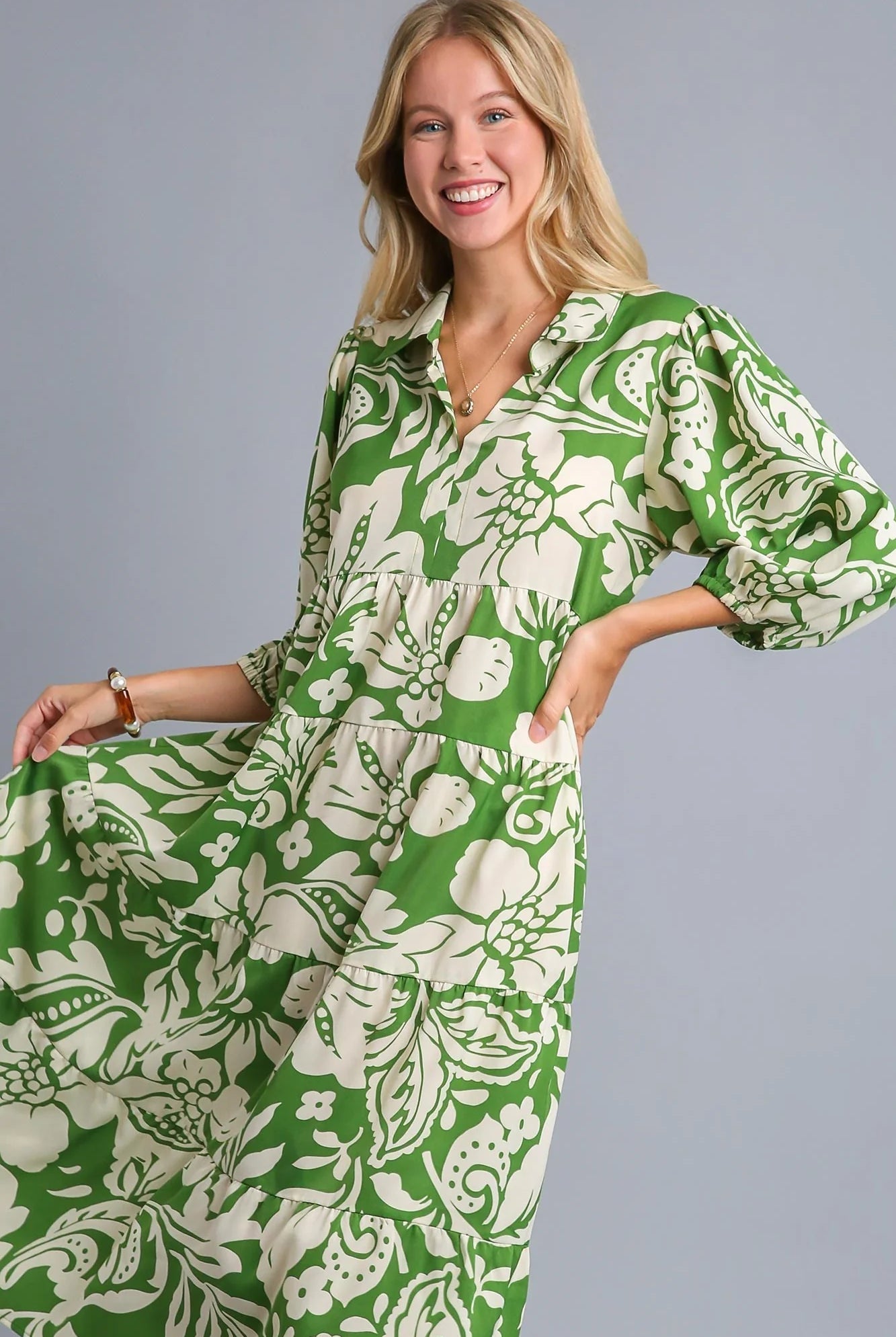 Green Floral Tiered Dress with Balloon Sleeve | Stuffology Boutique-Dresses-Umgee-Stuffology - Where Vintage Meets Modern, A Boutique for Real Women in Crosbyton, TX