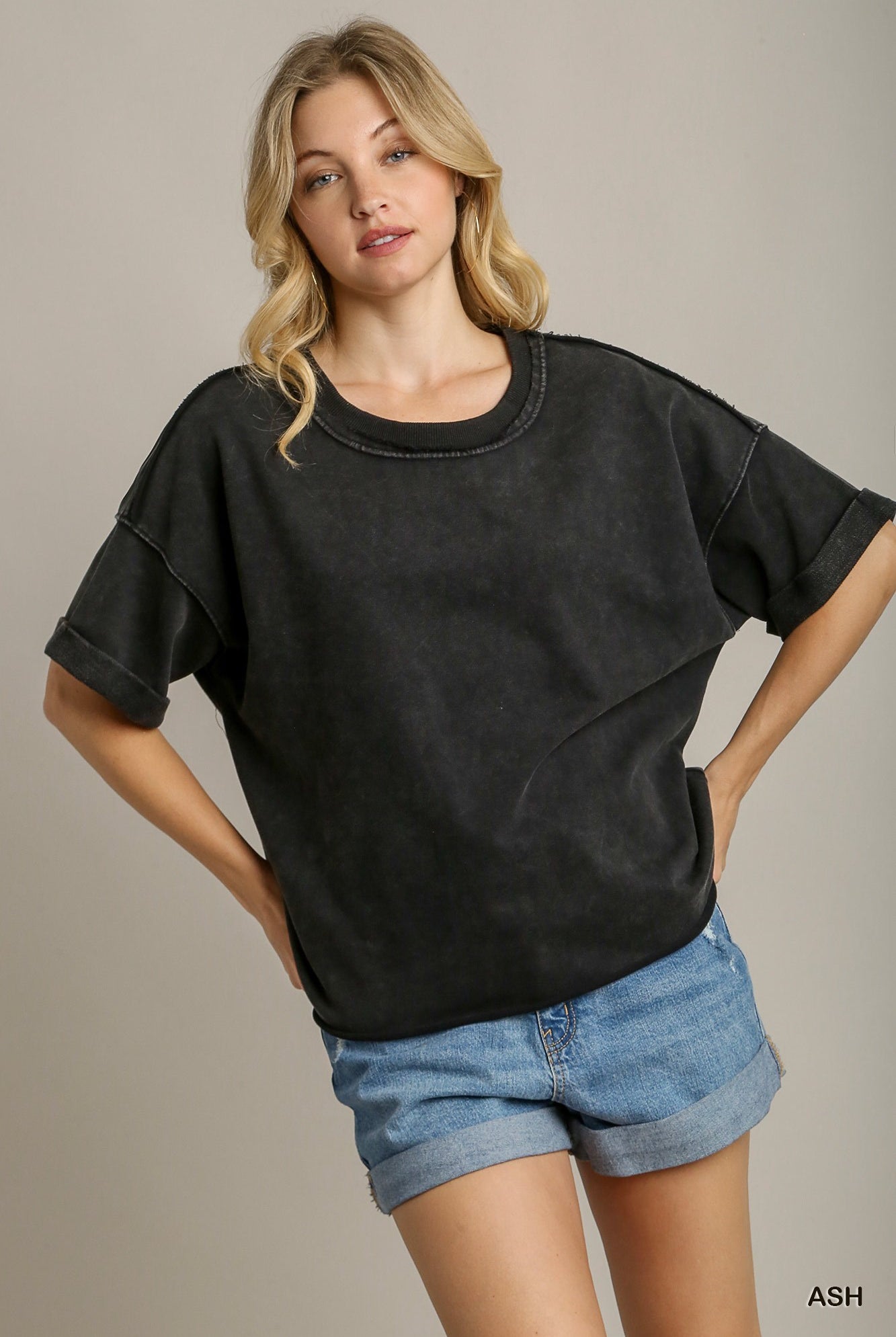 Boxy Cut Washed French Terry Top With Cut Edge Details & Short Folded Sleeves| Stuffology Boutique-Short Sleeves-Stuffology - Where Vintage Meets Modern-Stuffology - Where Vintage Meets Modern, A Boutique for Real Women in Crosbyton, TX