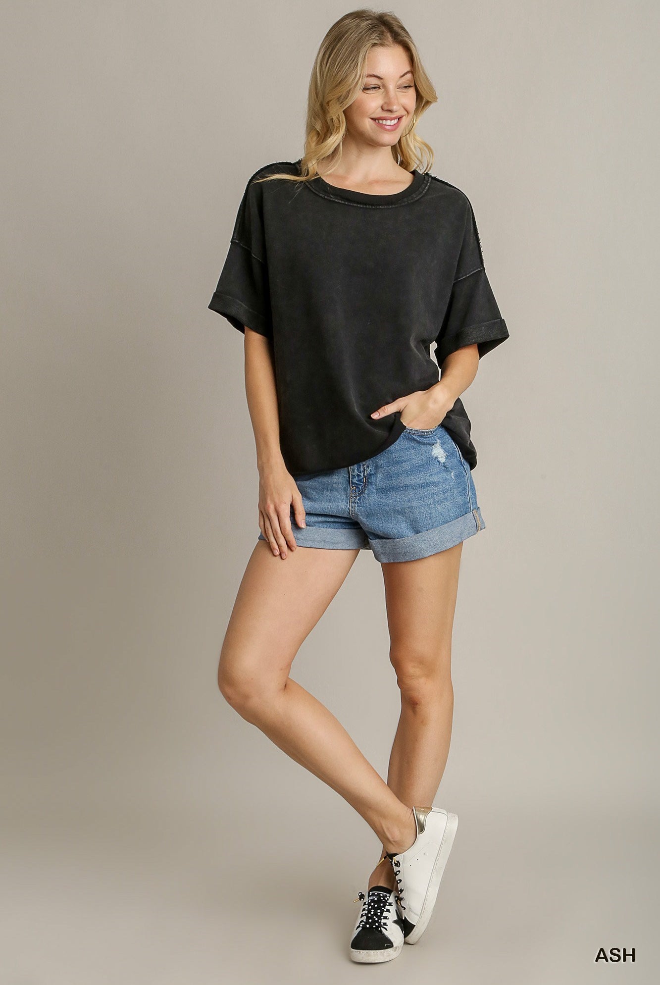 Boxy Cut Washed French Terry Top With Cut Edge Details & Short Folded Sleeves| Stuffology Boutique-Short Sleeves-Stuffology - Where Vintage Meets Modern-Stuffology - Where Vintage Meets Modern, A Boutique for Real Women in Crosbyton, TX