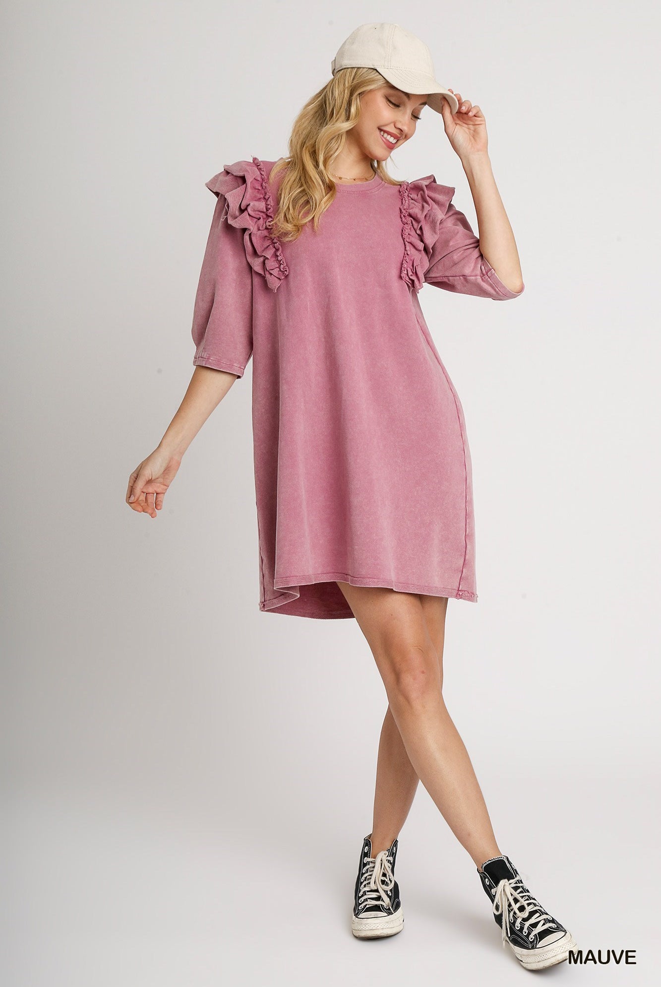 Rose Mineral Wash Crew Neck French Terry Dress with Ruffles | Stuffology Boutique-Dresses-Umgee-Stuffology - Where Vintage Meets Modern, A Boutique for Real Women in Crosbyton, TX