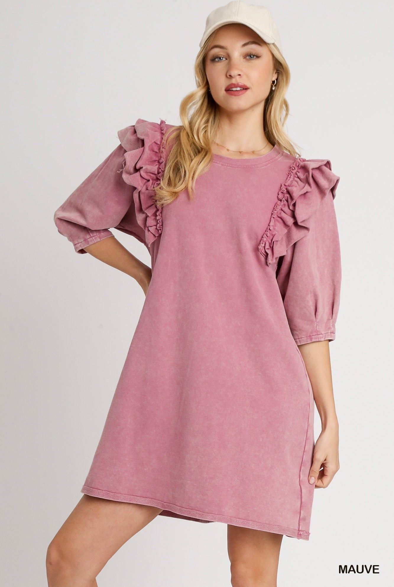 Rose Mineral Wash Crew Neck French Terry Dress with Ruffles | Stuffology Boutique-Dresses-Umgee-Stuffology - Where Vintage Meets Modern, A Boutique for Real Women in Crosbyton, TX