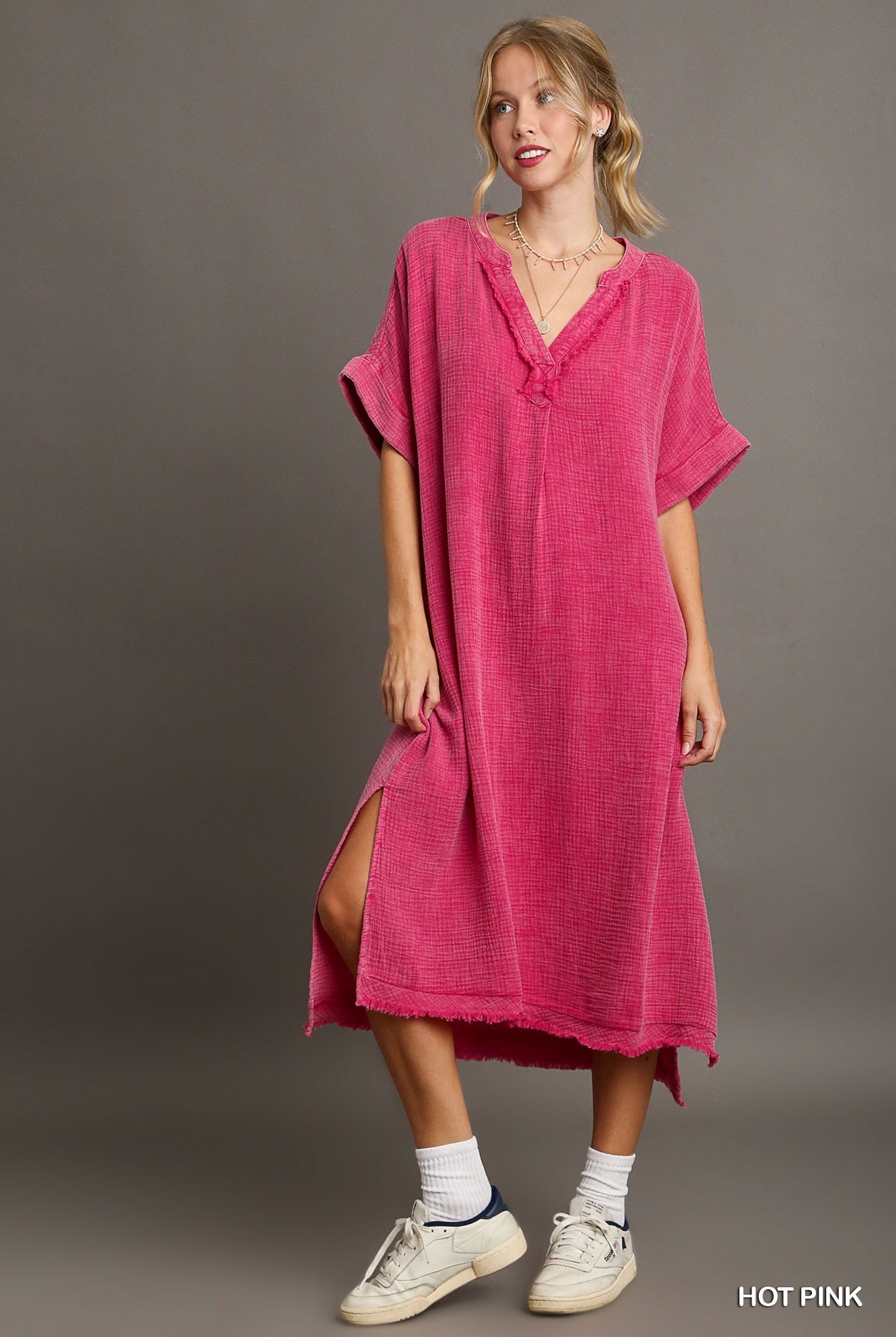 Hot Pink Mineral Wash Cotton Gauze Split Neck Midi Dres| Stuffology Boutique-Dresses-Umgee-Stuffology - Where Vintage Meets Modern, A Boutique for Real Women in Crosbyton, TX