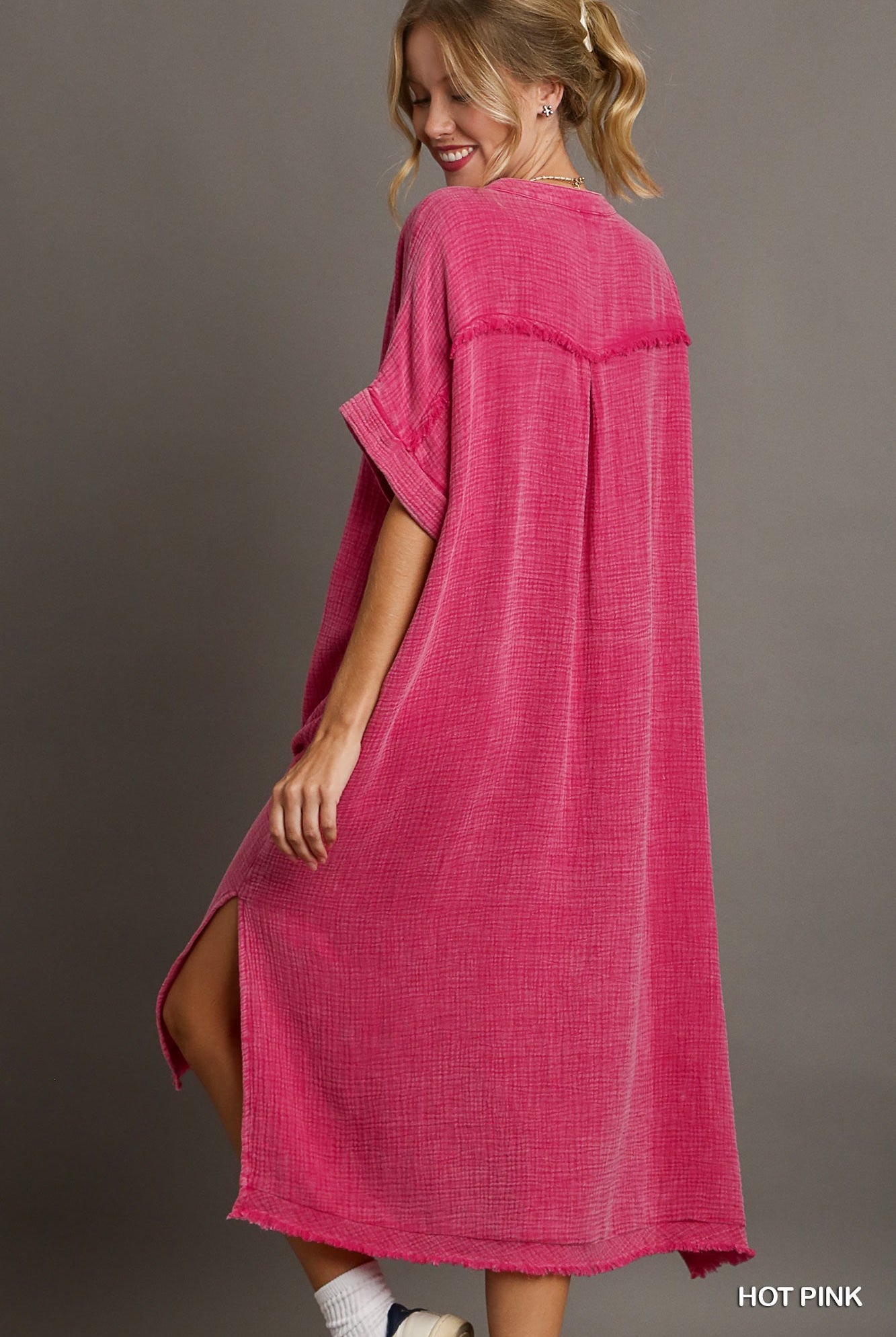 Hot Pink Mineral Wash Cotton Gauze Split Neck Midi Dres| Stuffology Boutique-Dresses-Umgee-Stuffology - Where Vintage Meets Modern, A Boutique for Real Women in Crosbyton, TX