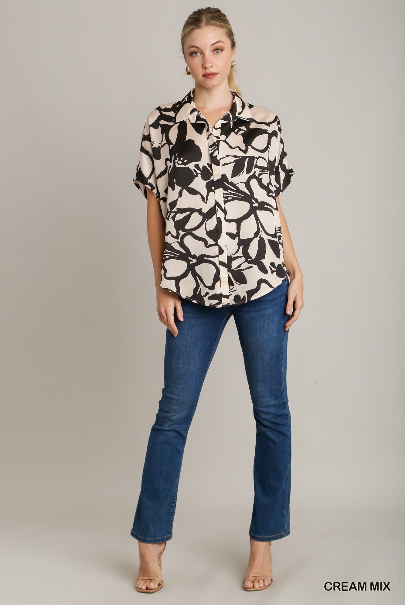 Cream and Black Floral Collared Button Down Top| Stuffology Boutique-Short Sleeves-Umgee-Stuffology - Where Vintage Meets Modern, A Boutique for Real Women in Crosbyton, TX