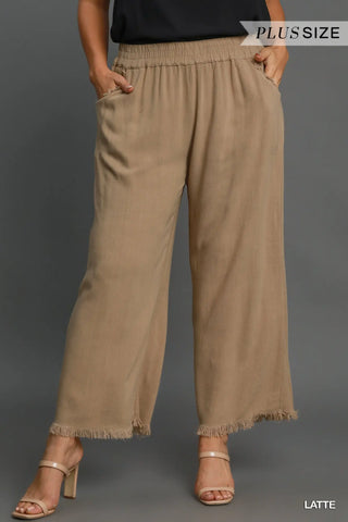 Linen Fray Hem Blend Wide Leg Pants - Latte-Pants-Umgee-Stuffology - Where Vintage Meets Modern, A Boutique for Real Women in Crosbyton, TX