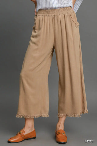 Linen Fray Hem Blend Wide Leg Pants - Latte-Pants-Umgee-Stuffology - Where Vintage Meets Modern, A Boutique for Real Women in Crosbyton, TX
