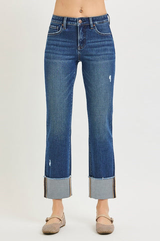 4-Way Stretch Mid Rise Crop Straight Cuffed Risen Jeans