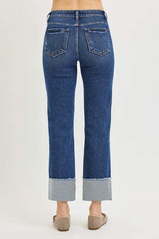 4-Way Stretch Mid Rise Crop Straight Cuffed Risen Jeans