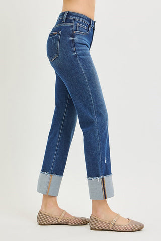 4-Way Stretch Mid Rise Crop Straight Cuffed Risen Jeans