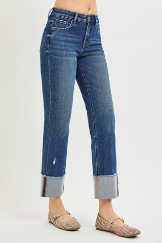 4-Way Stretch Mid Rise Crop Straight Cuffed Risen Jeans