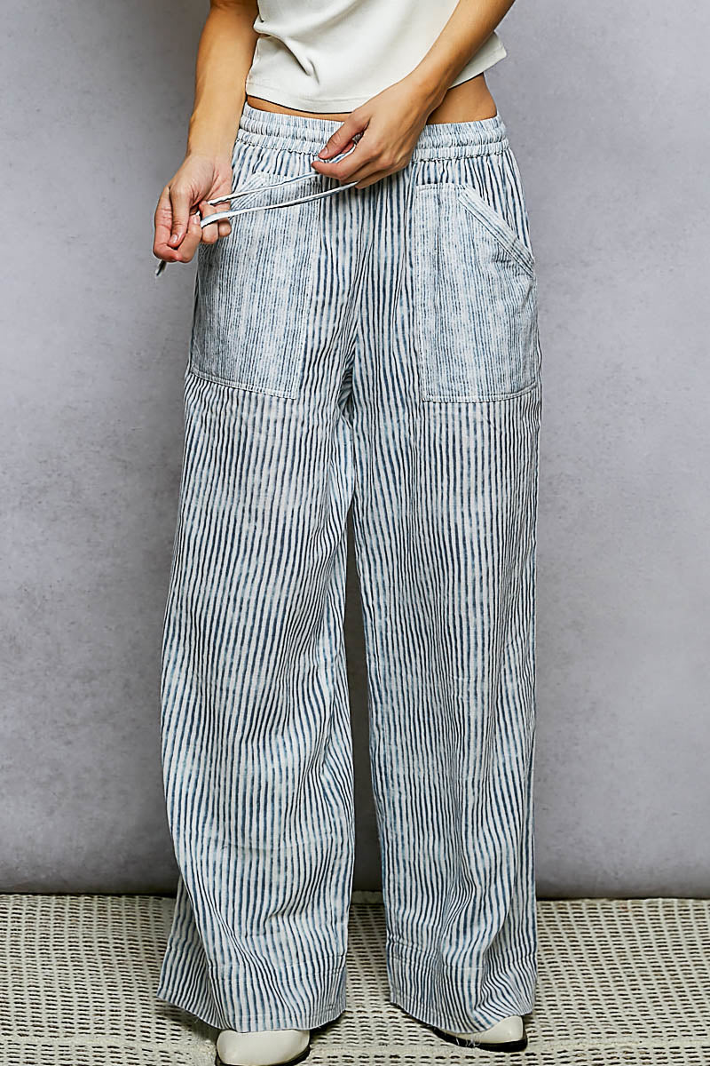 Blue Striped Elastic Pants-Pants-POL Clothing-Stuffology - Where Vintage Meets Modern, A Boutique for Real Women in Crosbyton, TX