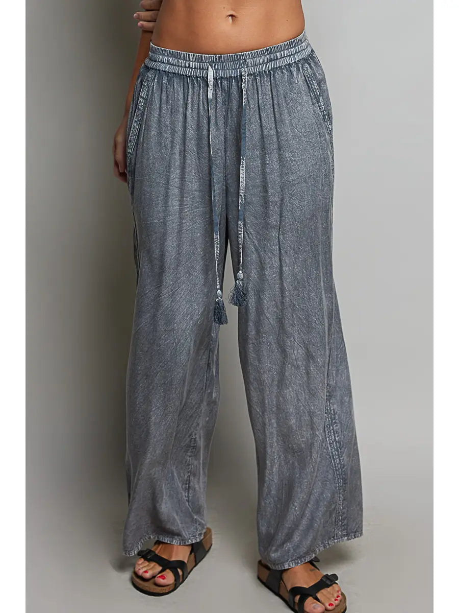 Vintage Washed trim Tassel Wide Leg Pants-Pants-Pol Clothing-Stuffology - Where Vintage Meets Modern, A Boutique for Real Women in Crosbyton, TX