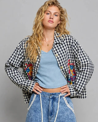 POL Clothing Gingham Floral Embroidered Jacket-Jackets-Pol Clothing-Stuffology - Where Vintage Meets Modern, A Boutique for Real Women in Crosbyton, TX