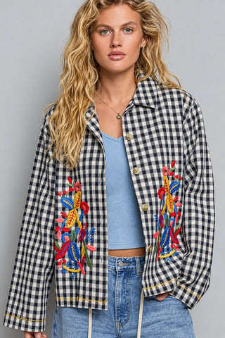 POL Clothing Gingham Floral Embroidered Jacket-Jackets-Pol Clothing-Stuffology - Where Vintage Meets Modern, A Boutique for Real Women in Crosbyton, TX