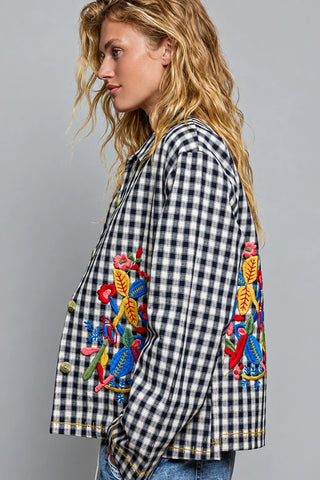 POL Clothing Gingham Floral Embroidered Jacket-Jackets-Pol Clothing-Stuffology - Where Vintage Meets Modern, A Boutique for Real Women in Crosbyton, TX