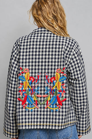POL Clothing Gingham Floral Embroidered Jacket-Jackets-Pol Clothing-Stuffology - Where Vintage Meets Modern, A Boutique for Real Women in Crosbyton, TX
