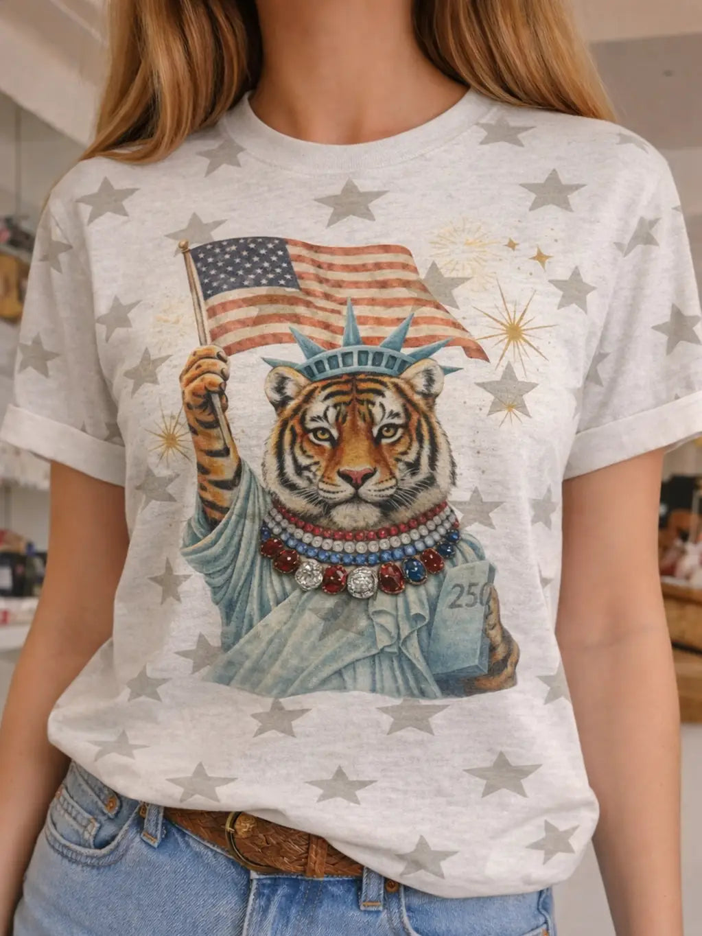 Liberty Tiger Graphic Tee-Graphic Tees-Bling-A-GoGo, LLC-Stuffology - Where Vintage Meets Modern, A Boutique for Real Women in Crosbyton, TX