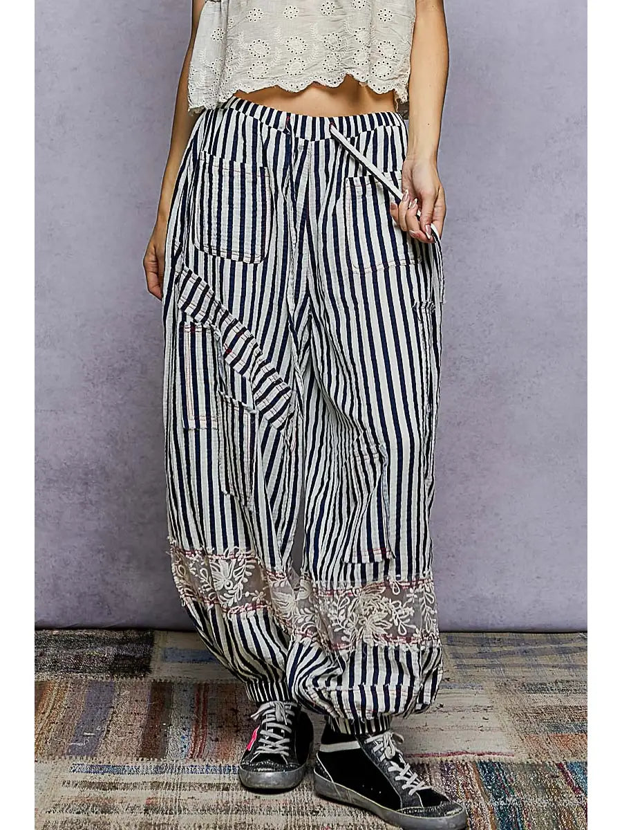 Navy Stripe Double Gauze Pants-Pants-POL Clothing-Stuffology - Where Vintage Meets Modern, A Boutique for Real Women in Crosbyton, TX