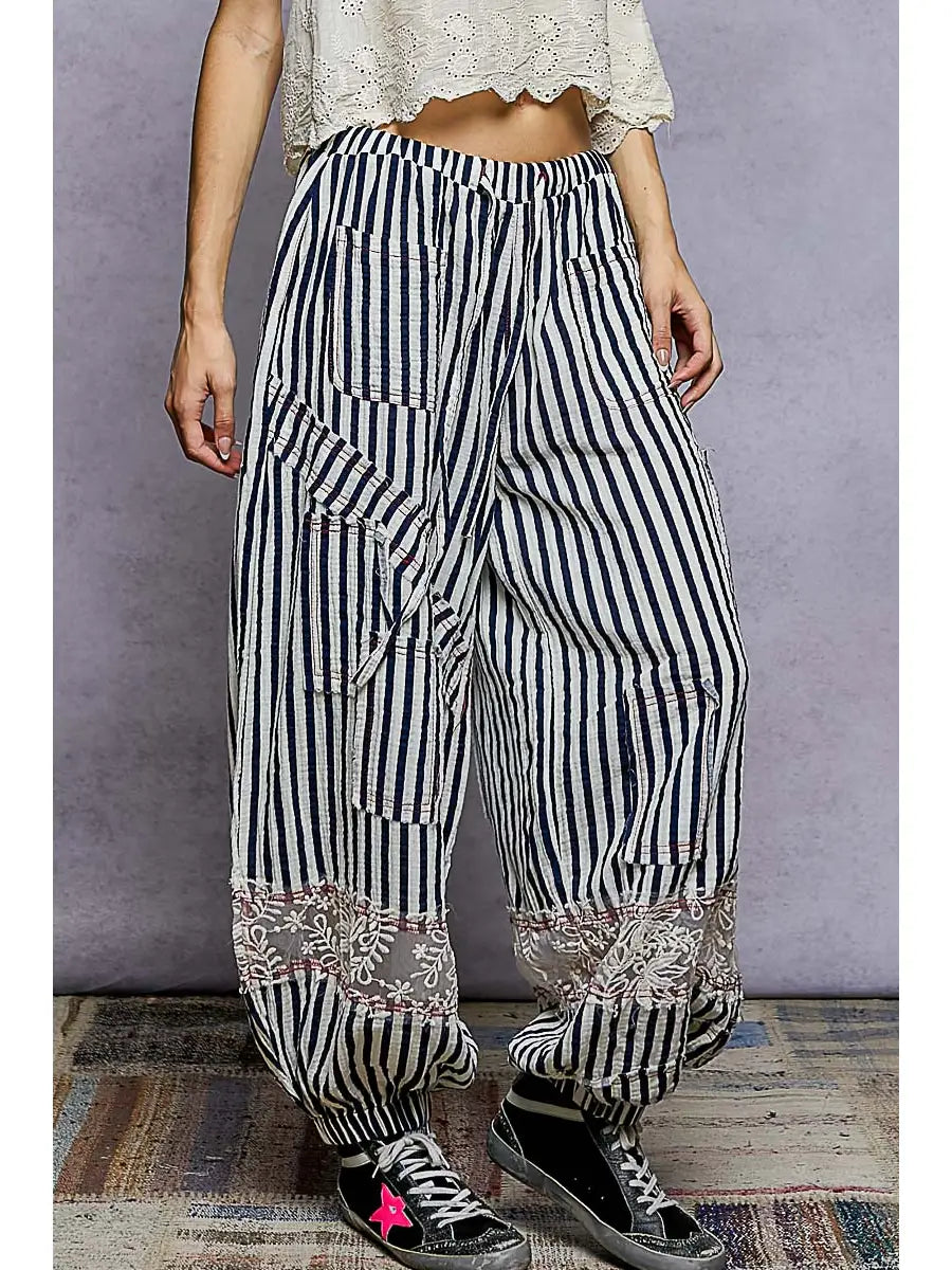 Navy Stripe Double Gauze Pants-Pants-POL Clothing-Stuffology - Where Vintage Meets Modern, A Boutique for Real Women in Crosbyton, TX