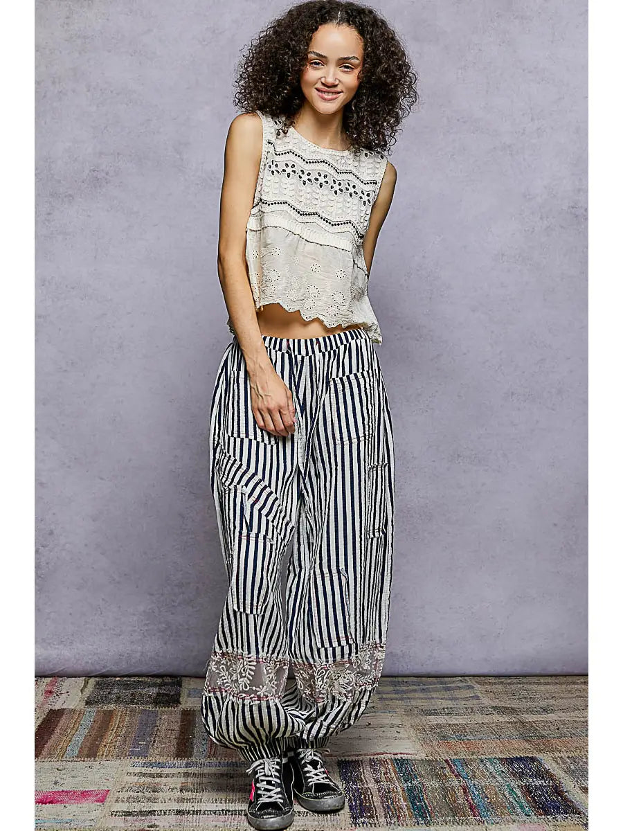 Navy Stripe Double Gauze Pants-Pants-POL Clothing-Stuffology - Where Vintage Meets Modern, A Boutique for Real Women in Crosbyton, TX