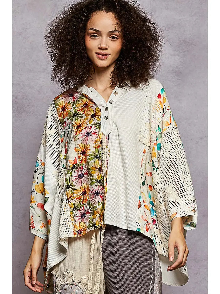 POL Clothing Oversize Thermal Crochet Patch Top – Ivory Floral-Top-POL Clothing-Stuffology - Where Vintage Meets Modern, A Boutique for Real Women in Crosbyton, TX