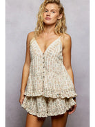 Floral Cotton Pintuck Ruffle Button Down Cami Top – Almond-Tank Tops-POL Clothing-Stuffology - Where Vintage Meets Modern, A Boutique for Real Women in Crosbyton, TX