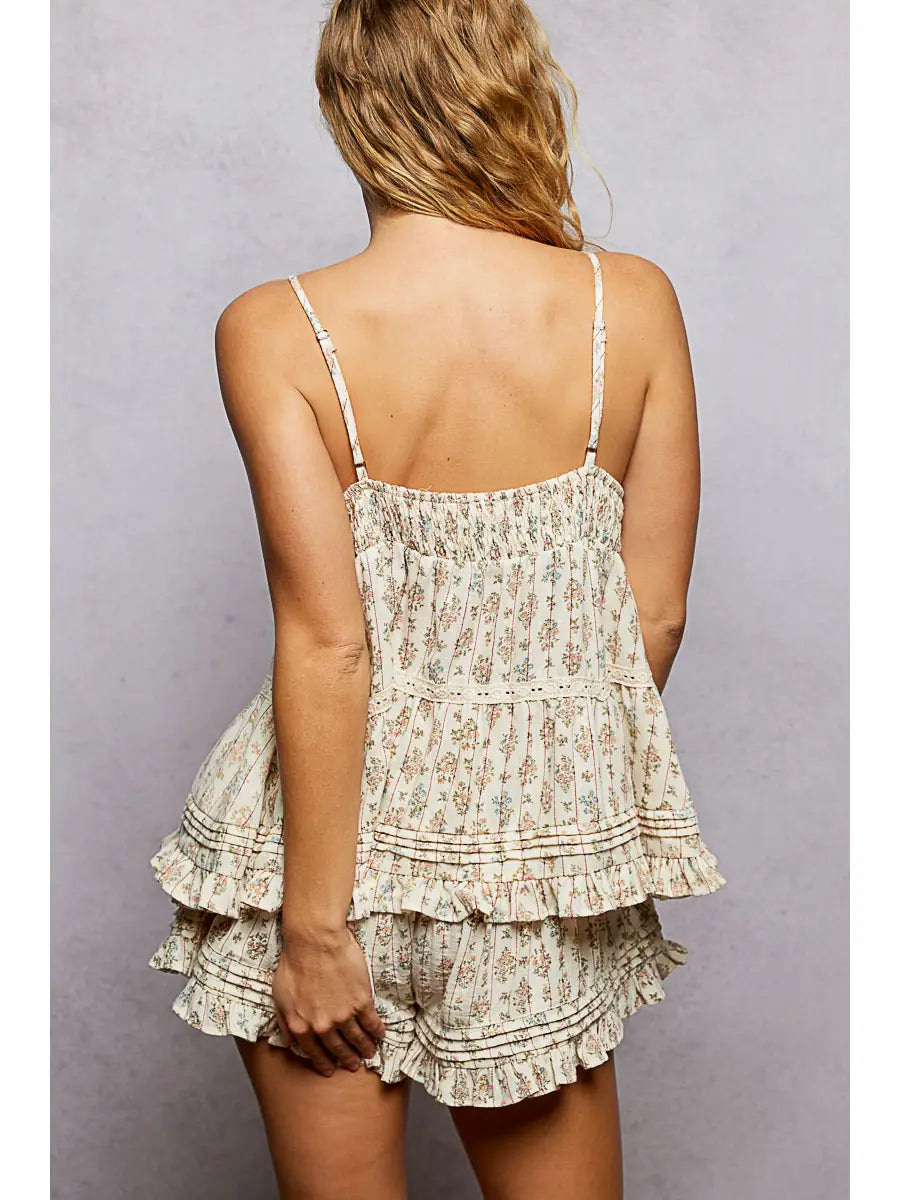 Floral Cotton Pintuck Ruffle Button Down Cami Top – Almond-Tank Tops-POL Clothing-Stuffology - Where Vintage Meets Modern, A Boutique for Real Women in Crosbyton, TX