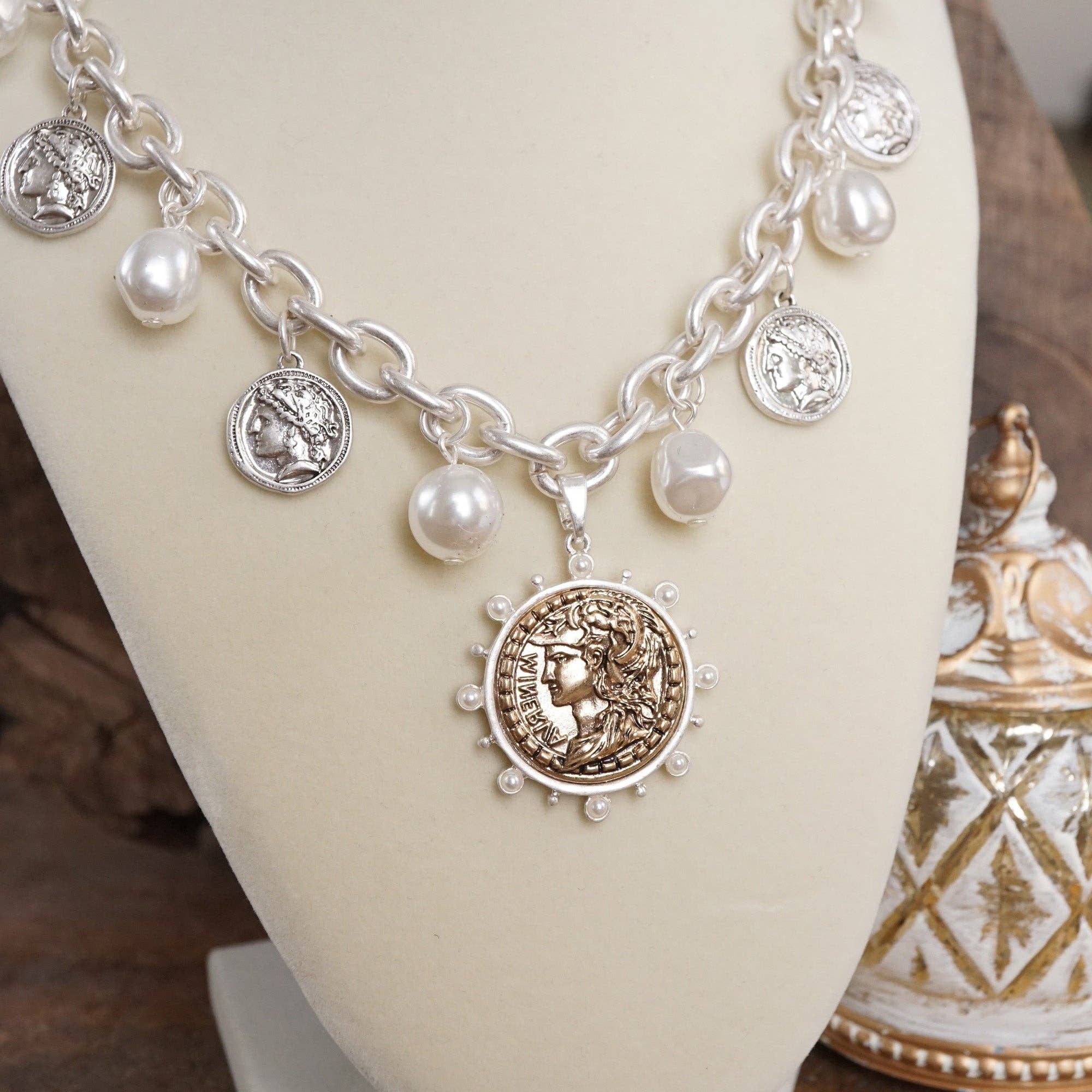 Boho Coin and Pearl Charms Statement Necklace – Gold and Silver Tone-PennyLine inc-Stuffology - Where Vintage Meets Modern, A Boutique for Real Women in Crosbyton, TX