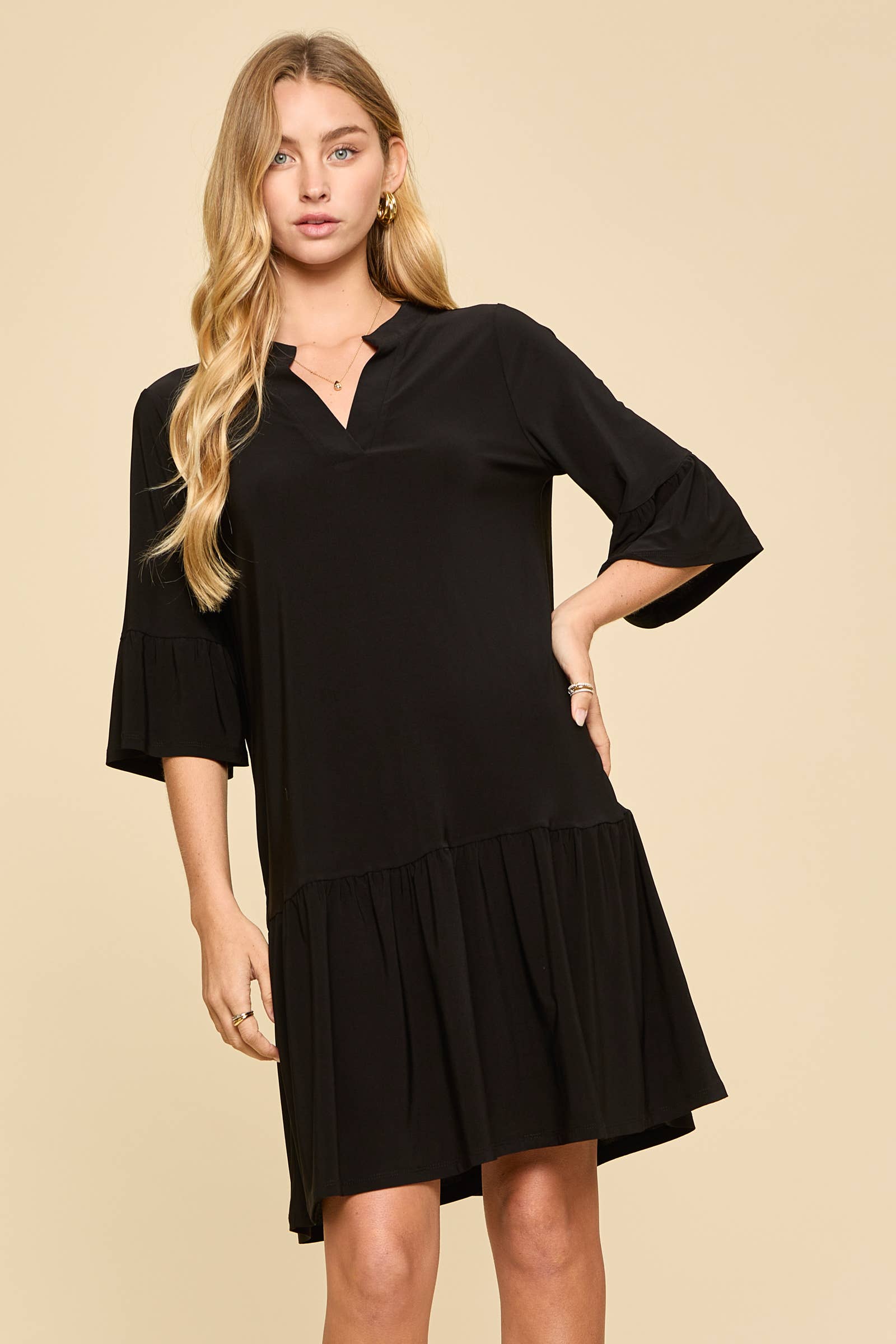 Shirred Tiered Relaxed 3/4 Sleeve Dress-Dresses-Dear Scarlett-Stuffology - Where Vintage Meets Modern, A Boutique for Real Women in Crosbyton, TX