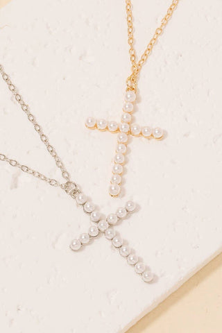 Pearl Cross Pendant Necklace-Necklaces-The Looks by Fame Accessories-Stuffology - Where Vintage Meets Modern, A Boutique for Real Women in Crosbyton, TX