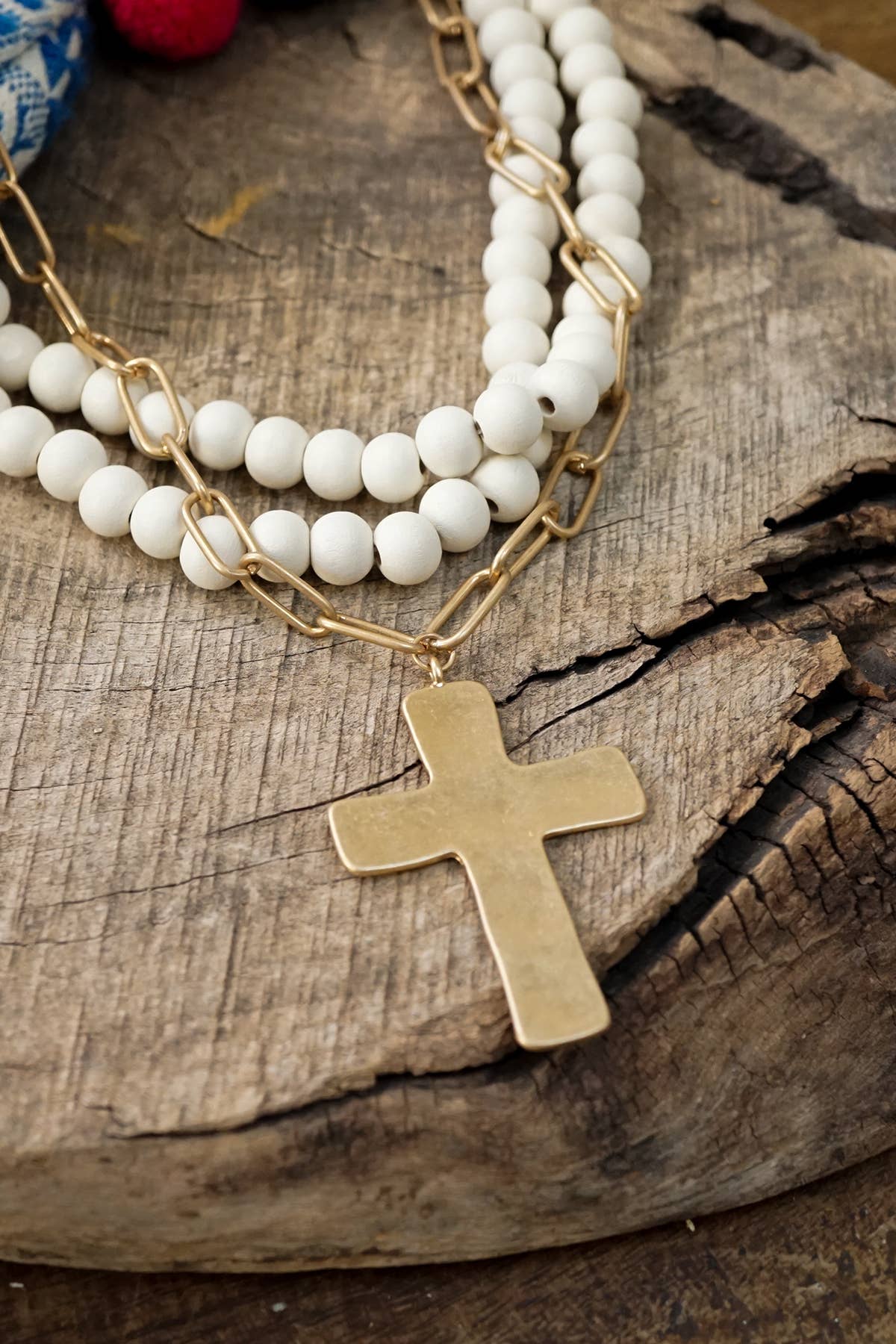 Multi Strand Wood Beads Short Statement Cross Necklace Cream-Necklaces-PennyLine inc-Stuffology - Where Vintage Meets Modern, A Boutique for Real Women in Crosbyton, TX
