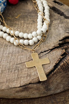 Multi Strand Wood Beads Short Statement Cross Necklace Cream-Necklaces-PennyLine inc-Stuffology - Where Vintage Meets Modern, A Boutique for Real Women in Crosbyton, TX