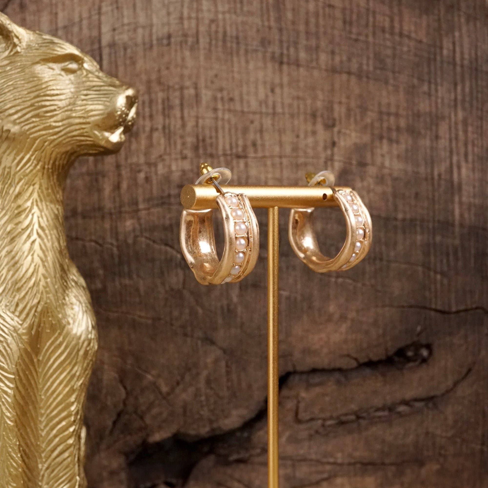 Minimalist Hoops with Faux Pearls or Turquoise – Brushed Gold-Earrings-PennyLine inc-Stuffology - Where Vintage Meets Modern, A Boutique for Real Women in Crosbyton, TX