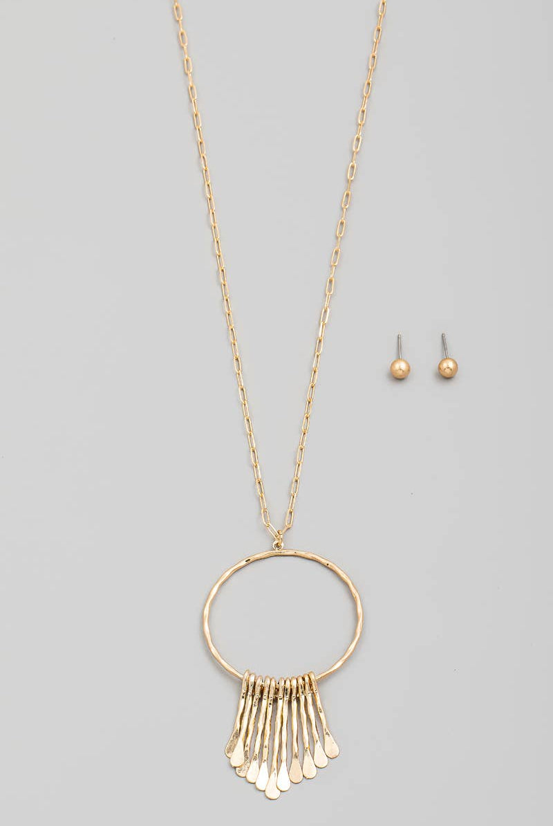 Gold Hammered Bar Charms Hoop Pendant Necklace Set | Stuffology Boutique-The Looks by Fame Accessories-Stuffology - Where Vintage Meets Modern, A Boutique for Real Women in Crosbyton, TX