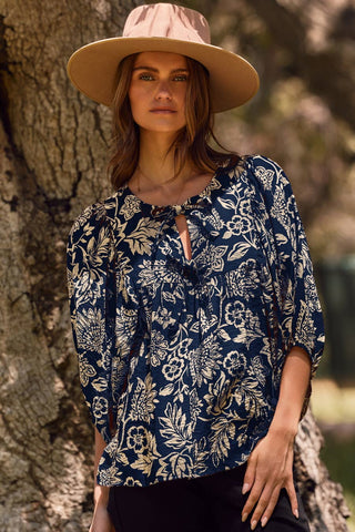 Navy Wave Boho Printed Top-TOP-Oddi-Stuffology - Where Vintage Meets Modern, A Boutique for Real Women in Crosbyton, TX